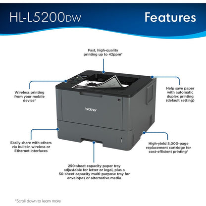 Brother HL HL-L5200DW Desktop Laser Printer - Monochrome HLL5200DW