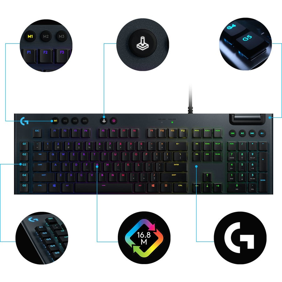 Clavier de jeu mécanique Logitech G815 LIGHTSYNC RGB avec commutateur à clé linéaire GL à profil bas, 5 touches G programmables, passthrough USB, contrôle multimédia dédié 920-009000
