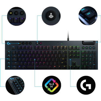 Clavier de jeu mécanique Logitech G815 LIGHTSYNC RGB avec commutateur à clé linéaire GL à profil bas, 5 touches G programmables, passthrough USB, contrôle multimédia dédié 920-009000