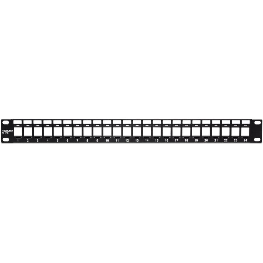 Panneau de brassage Keystone 1U vierge à 24 ports TRENDnet, boîtier de montage en rack métallique 1U 19", recommandé avec les prises Keystone Cat6 TC-K25C6 et TC-K50C6 (vendues séparément), noir, TC-KP24 TC-KP24