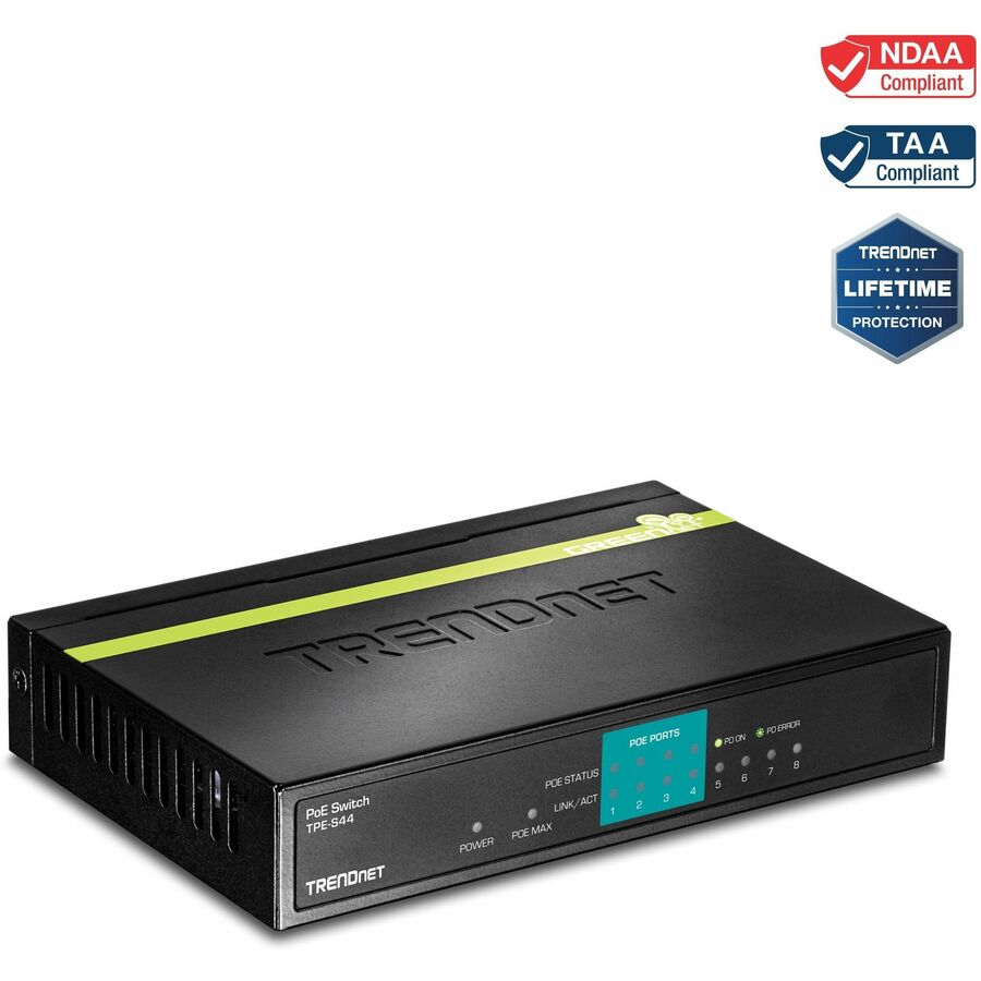 Commutateur PoE 10/100 Mbps à 8 ports TRENDnet, 4 ports 10/100, 4 ports PoE 10/100, budget d'alimentation PoE 30 W, capacité de commutation 1,6 Gbps, 802.3af, protection à vie, noir, TPE-S44 TPE-S44