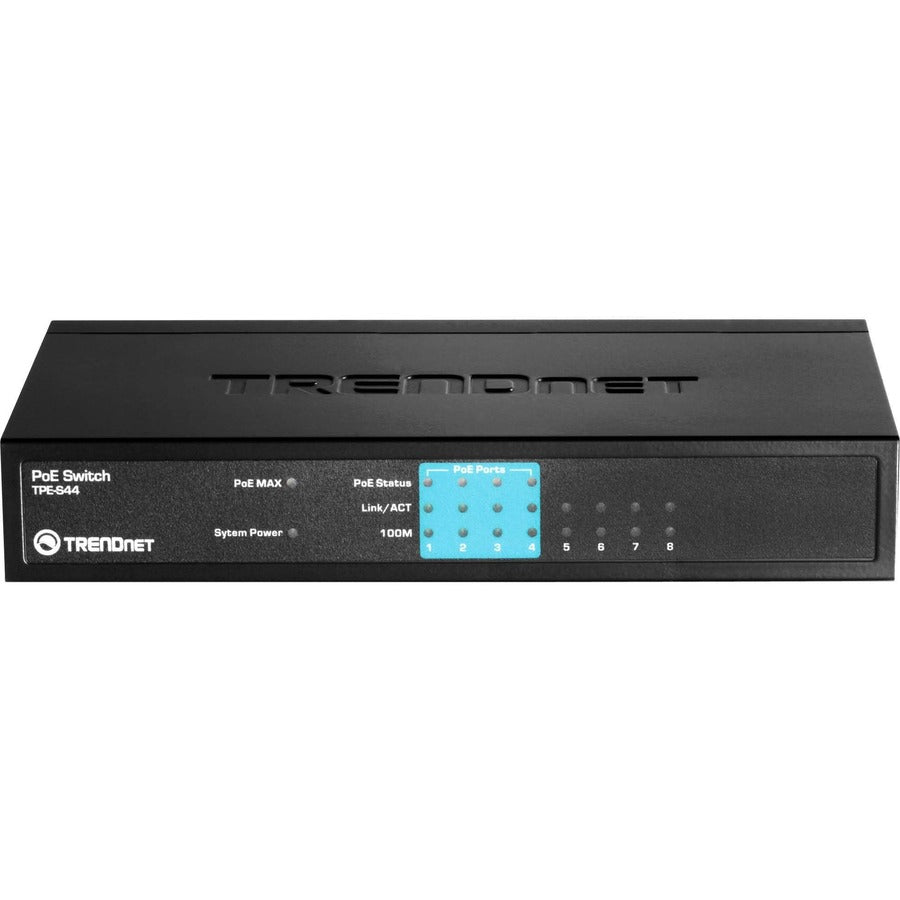Commutateur PoE 10/100 Mbps à 8 ports TRENDnet, 4 ports 10/100, 4 ports PoE 10/100, budget d'alimentation PoE 30 W, capacité de commutation 1,6 Gbps, 802.3af, protection à vie, noir, TPE-S44 TPE-S44