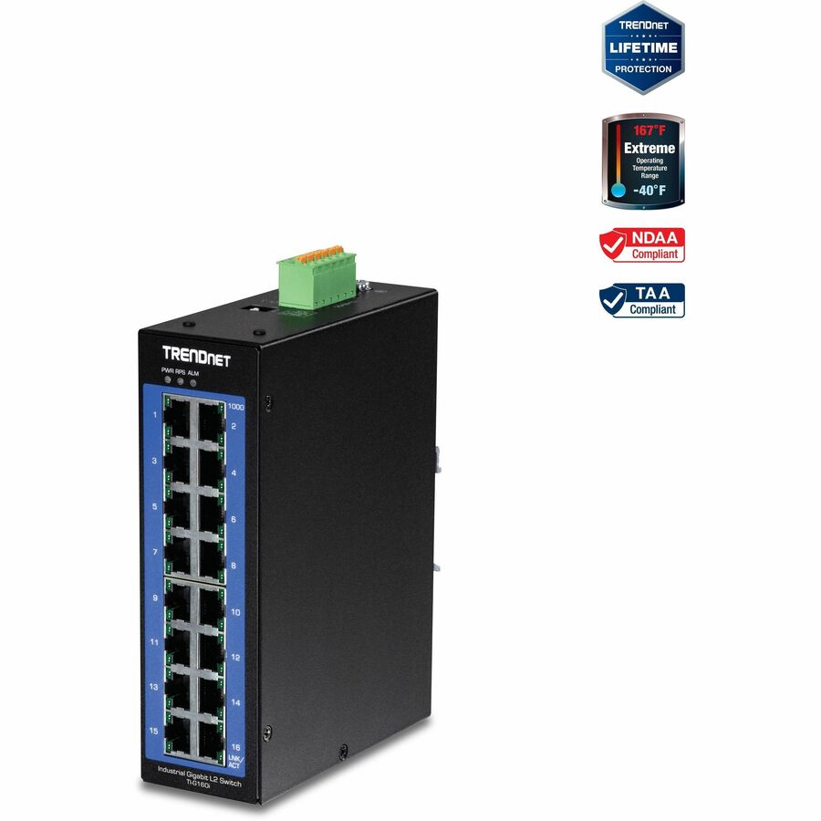 TRENDnet Switch DIN-Rail géré Gigabit industriel L2 à 16 ports, commutateur de couche 2, 16 ports Gigabit, capacité de commutation de 32 Gbit/s, commutateur Gigabit pour températures extrêmes, protection à vie, noir, TI-G160i TI-G160I