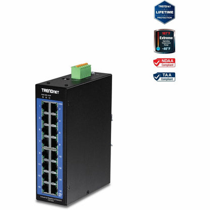 TRENDnet Switch DIN-Rail géré Gigabit industriel L2 à 16 ports, commutateur de couche 2, 16 ports Gigabit, capacité de commutation de 32 Gbit/s, commutateur Gigabit pour températures extrêmes, protection à vie, noir, TI-G160i TI-G160I