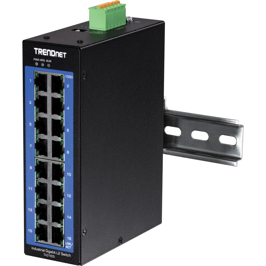 TRENDnet Switch DIN-Rail géré Gigabit industriel L2 à 16 ports, commutateur de couche 2, 16 ports Gigabit, capacité de commutation de 32 Gbit/s, commutateur Gigabit pour températures extrêmes, protection à vie, noir, TI-G160i TI-G160I