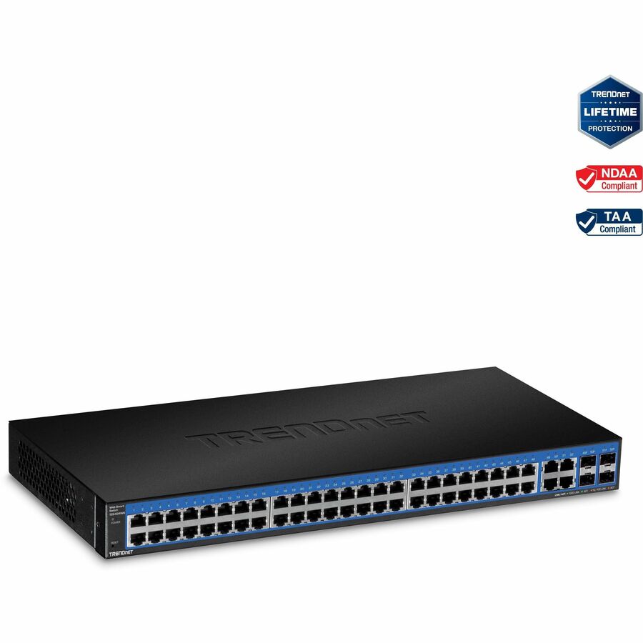 TRENDnet Switch Web Smart Gigabit 52 ports, 48 ​​ports Gigabit RJ-45, 4 ports Gigabit partagés (RJ-45 ou SFP), capacité de commutation 104 Gbps, VLAN, QoS, LACP, IPv6, protection à vie, noir, TEG-524WS TEG-524WS