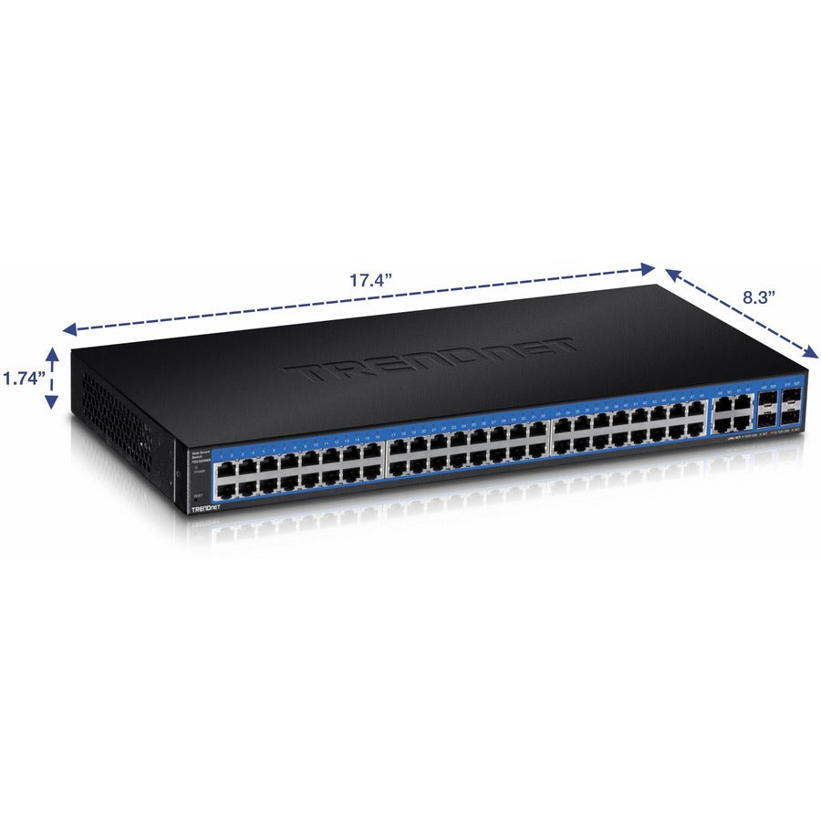 TRENDnet Switch Web Smart Gigabit 52 ports, 48 ​​ports Gigabit RJ-45, 4 ports Gigabit partagés (RJ-45 ou SFP), capacité de commutation 104 Gbps, VLAN, QoS, LACP, IPv6, protection à vie, noir, TEG-524WS TEG-524WS