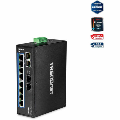 Commutateur industriel renforcé à 10 ports sur rail DIN Gigabit TRENDnet, capacité de commutation de 20 Gbit/s, supports de montage sur rail DIN et mural inclus, double redondance, deux ports RJ-45/SFP, protection à vie, noir, TI-G102 TI-G102