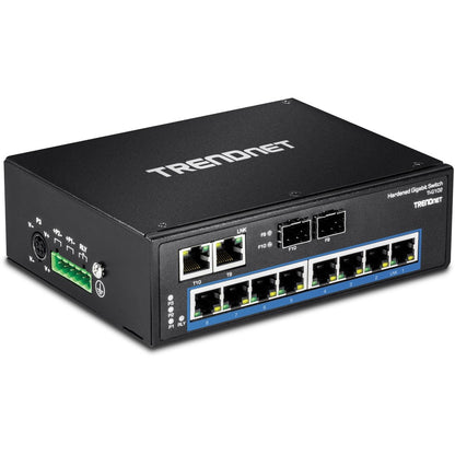 Commutateur industriel renforcé à 10 ports sur rail DIN Gigabit TRENDnet, capacité de commutation de 20 Gbit/s, supports de montage sur rail DIN et mural inclus, double redondance, deux ports RJ-45/SFP, protection à vie, noir, TI-G102 TI-G102