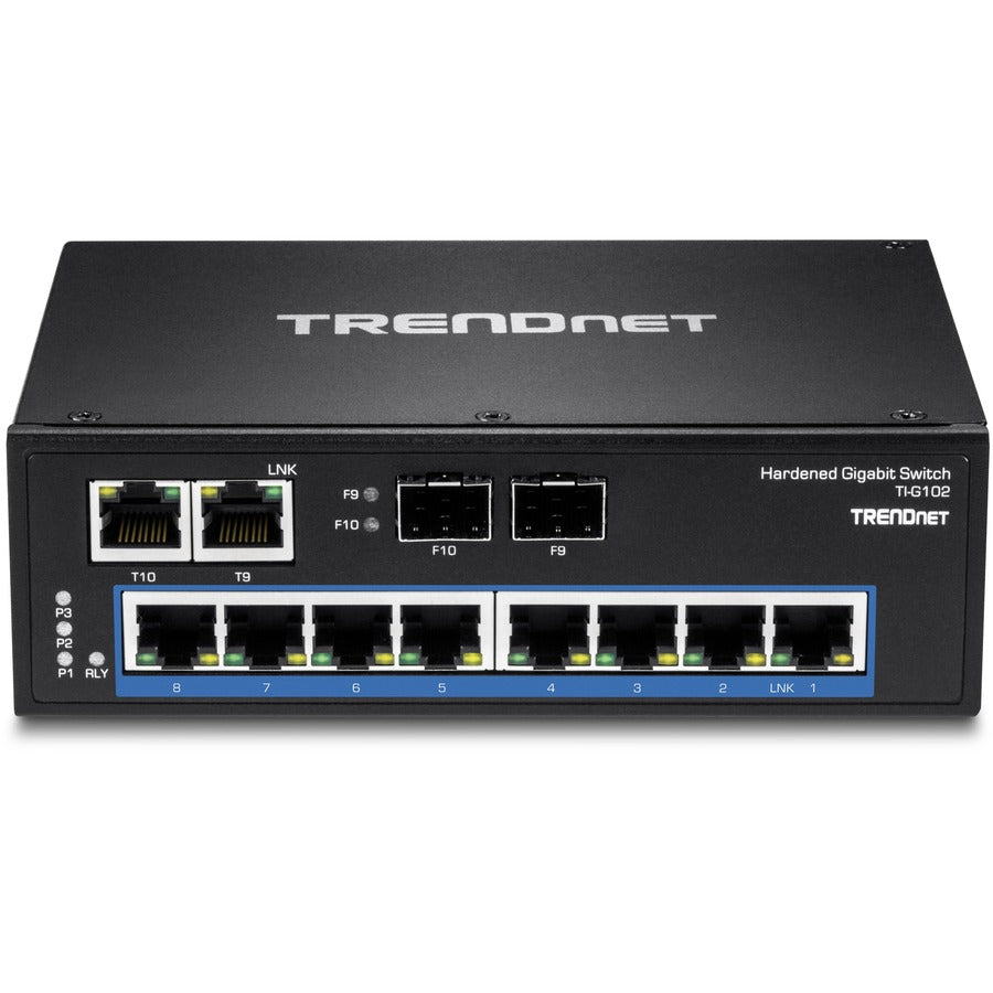 Commutateur industriel renforcé à 10 ports sur rail DIN Gigabit TRENDnet, capacité de commutation de 20 Gbit/s, supports de montage sur rail DIN et mural inclus, double redondance, deux ports RJ-45/SFP, protection à vie, noir, TI-G102 TI-G102