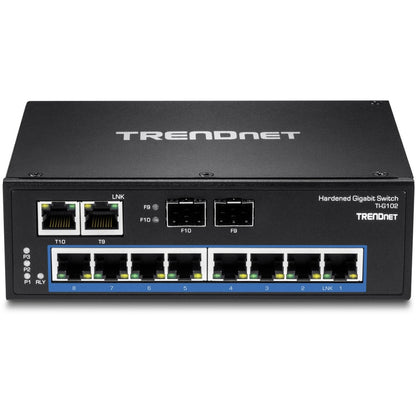 Commutateur industriel renforcé à 10 ports sur rail DIN Gigabit TRENDnet, capacité de commutation de 20 Gbit/s, supports de montage sur rail DIN et mural inclus, double redondance, deux ports RJ-45/SFP, protection à vie, noir, TI-G102 TI-G102