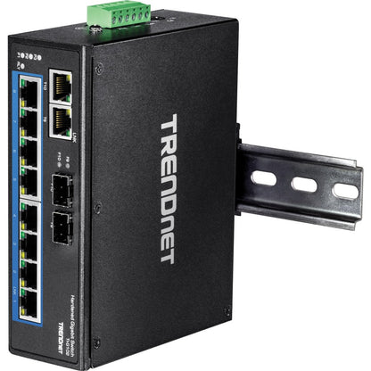 Commutateur industriel renforcé à 10 ports sur rail DIN Gigabit TRENDnet, capacité de commutation de 20 Gbit/s, supports de montage sur rail DIN et mural inclus, double redondance, deux ports RJ-45/SFP, protection à vie, noir, TI-G102 TI-G102