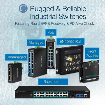 Commutateur industriel renforcé à 10 ports sur rail DIN Gigabit TRENDnet, capacité de commutation de 20 Gbit/s, supports de montage sur rail DIN et mural inclus, double redondance, deux ports RJ-45/SFP, protection à vie, noir, TI-G102 TI-G102