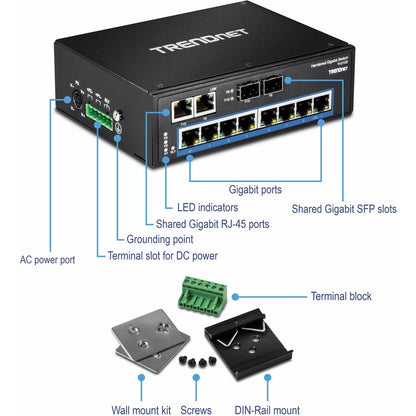 Commutateur industriel renforcé à 10 ports sur rail DIN Gigabit TRENDnet, capacité de commutation de 20 Gbit/s, supports de montage sur rail DIN et mural inclus, double redondance, deux ports RJ-45/SFP, protection à vie, noir, TI-G102 TI-G102