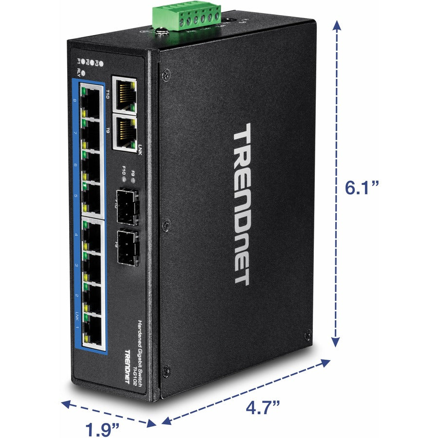 Commutateur industriel renforcé à 10 ports sur rail DIN Gigabit TRENDnet, capacité de commutation de 20 Gbit/s, supports de montage sur rail DIN et mural inclus, double redondance, deux ports RJ-45/SFP, protection à vie, noir, TI-G102 TI-G102