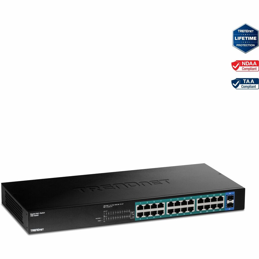 Commutateur Gigabit PoE+ TRENDnet à 26 ports, 24 ports PoE+ 30 W, 2 emplacements SFP Gigabit, budget PoE 380 W, capacité de commutation 52 Gbit/s, montage en rack 1U 19", protection à vie, noir, TPE-TG262 TPE-TG262