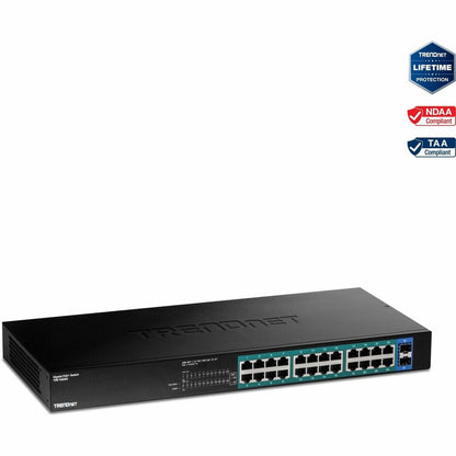 Commutateur Gigabit PoE+ TRENDnet à 26 ports, 24 ports PoE+ 30 W, 2 emplacements SFP Gigabit, budget PoE 380 W, capacité de commutation 52 Gbit/s, montage en rack 1U 19", protection à vie, noir, TPE-TG262 TPE-TG262