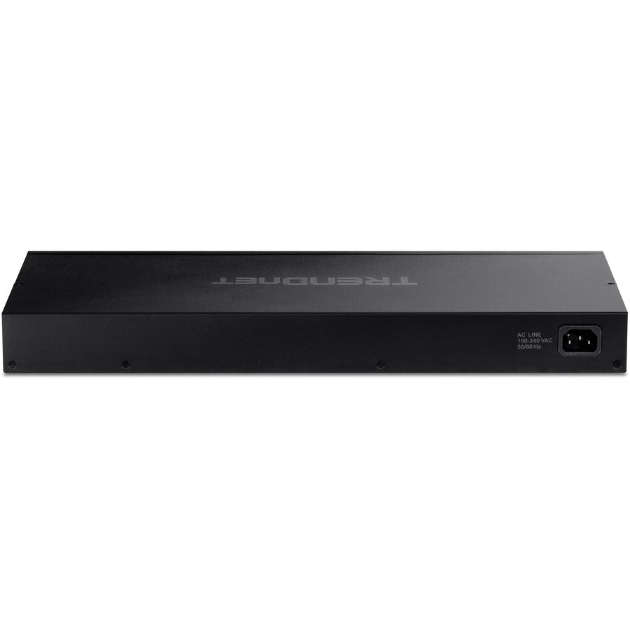 Commutateur Gigabit PoE+ TRENDnet à 26 ports, 24 ports PoE+ 30 W, 2 emplacements SFP Gigabit, budget PoE 380 W, capacité de commutation 52 Gbit/s, montage en rack 1U 19", protection à vie, noir, TPE-TG262 TPE-TG262