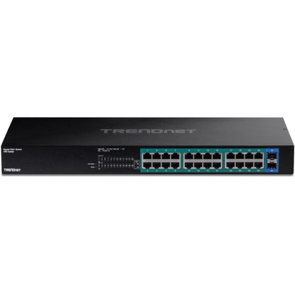 Commutateur Gigabit PoE+ TRENDnet à 26 ports, 24 ports PoE+ 30 W, 2 emplacements SFP Gigabit, budget PoE 380 W, capacité de commutation 52 Gbit/s, montage en rack 1U 19", protection à vie, noir, TPE-TG262 TPE-TG262