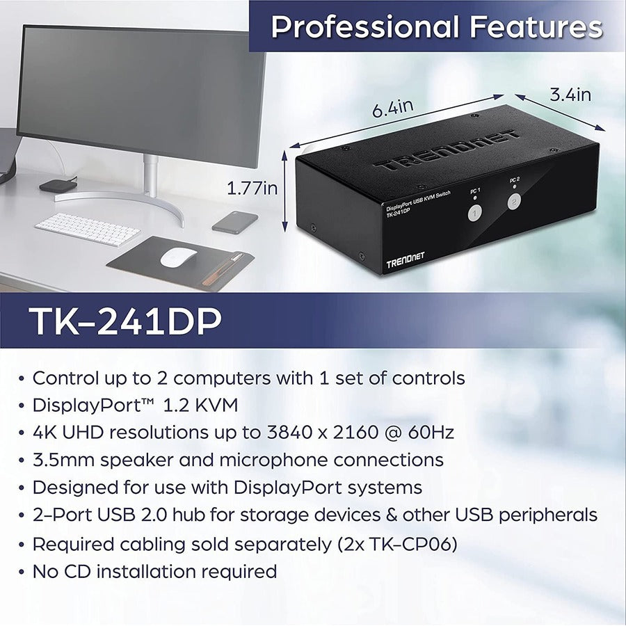 Commutateur KVM DisplayPort à 2 ports TRENDnet TK-241DP (version 1.0R) TK-241DP