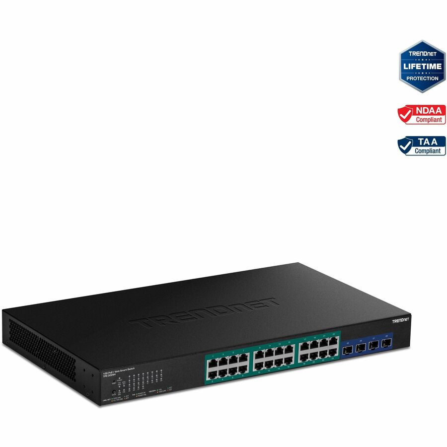 Commutateur Web Smart PoE+ Gigabit TRENDnet à 28 ports avec 24 ports PoE+ Gigabit ; TPE-30284 ; 4 emplacements SFP+ 10G ; alimentation PoE 370 W ; VLAN ; QoS ; LACP ; routage statique IPv4/IPv6 TPE-30284