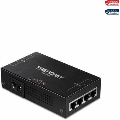 Injecteur PoE+ Gigabit 4 ports 65 W TRENDnet, TPE-147GI, 4 ports Gigabit (entrée de données), 4 ports PoE Gigabit (sortie de données + PoE), injecteur PoE+ multiport jusqu'à 100 m (328 pieds), ajoute une alimentation PoE+ au commutateur non PoE TPE-147GI