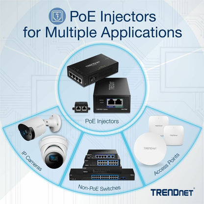 Injecteur PoE+ Gigabit 4 ports 65 W TRENDnet, TPE-147GI, 4 ports Gigabit (entrée de données), 4 ports PoE Gigabit (sortie de données + PoE), injecteur PoE+ multiport jusqu'à 100 m (328 pieds), ajoute une alimentation PoE+ au commutateur non PoE TPE-147GI