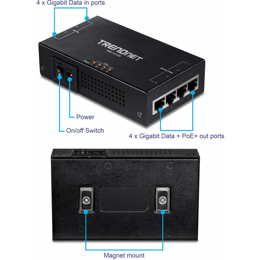 Injecteur PoE+ Gigabit 4 ports 65 W TRENDnet, TPE-147GI, 4 ports Gigabit (entrée de données), 4 ports PoE Gigabit (sortie de données + PoE), injecteur PoE+ multiport jusqu'à 100 m (328 pieds), ajoute une alimentation PoE+ au commutateur non PoE TPE-147GI