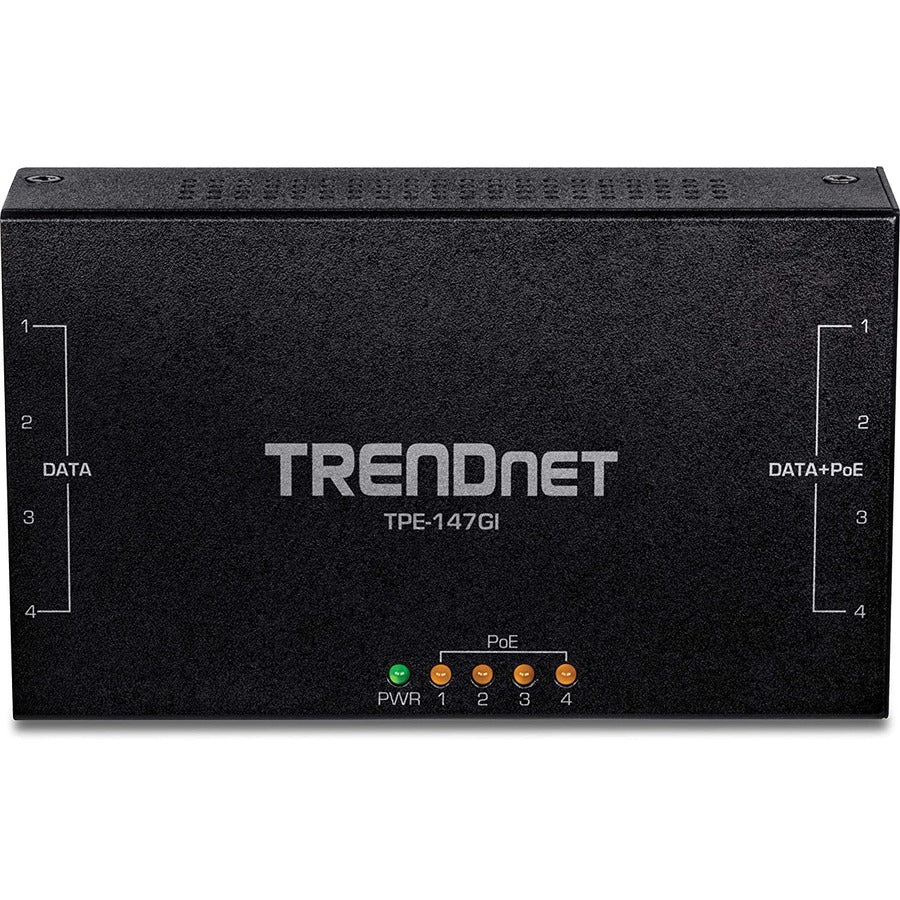 Injecteur PoE+ Gigabit 4 ports 65 W TRENDnet, TPE-147GI, 4 ports Gigabit (entrée de données), 4 ports PoE Gigabit (sortie de données + PoE), injecteur PoE+ multiport jusqu'à 100 m (328 pieds), ajoute une alimentation PoE+ au commutateur non PoE TPE-147GI