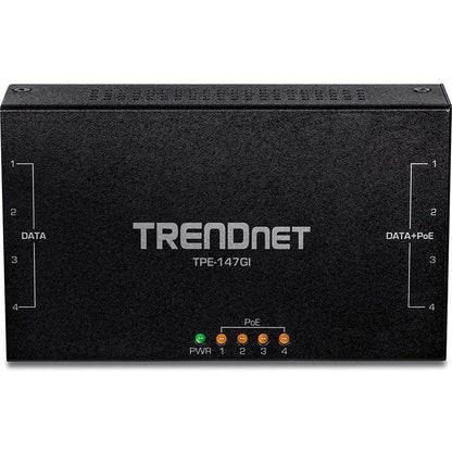 Injecteur PoE+ Gigabit 4 ports 65 W TRENDnet, TPE-147GI, 4 ports Gigabit (entrée de données), 4 ports PoE Gigabit (sortie de données + PoE), injecteur PoE+ multiport jusqu'à 100 m (328 pieds), ajoute une alimentation PoE+ au commutateur non PoE TPE-147GI