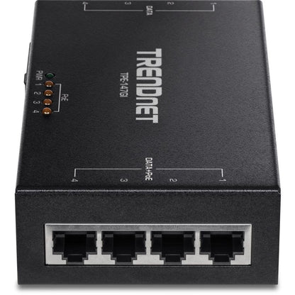 Injecteur PoE+ Gigabit 4 ports 65 W TRENDnet, TPE-147GI, 4 ports Gigabit (entrée de données), 4 ports PoE Gigabit (sortie de données + PoE), injecteur PoE+ multiport jusqu'à 100 m (328 pieds), ajoute une alimentation PoE+ au commutateur non PoE TPE-147GI