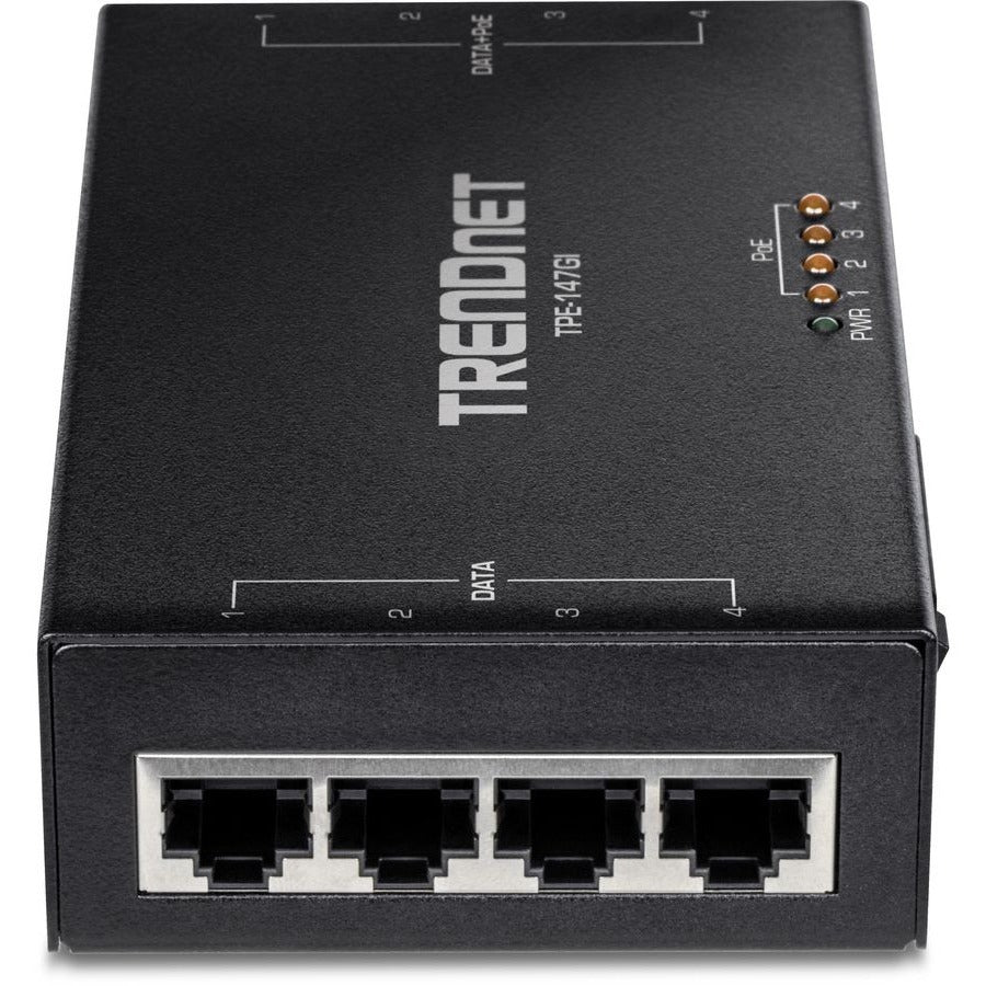 Injecteur PoE+ Gigabit 4 ports 65 W TRENDnet, TPE-147GI, 4 ports Gigabit (entrée de données), 4 ports PoE Gigabit (sortie de données + PoE), injecteur PoE+ multiport jusqu'à 100 m (328 pieds), ajoute une alimentation PoE+ au commutateur non PoE TPE-147GI