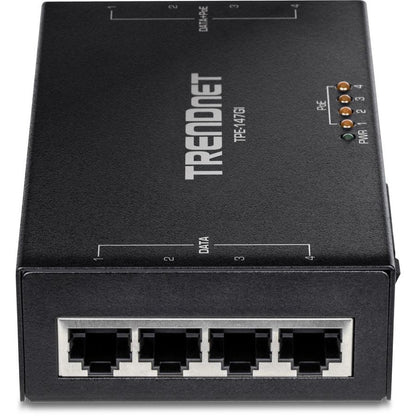 Injecteur PoE+ Gigabit 4 ports 65 W TRENDnet, TPE-147GI, 4 ports Gigabit (entrée de données), 4 ports PoE Gigabit (sortie de données + PoE), injecteur PoE+ multiport jusqu'à 100 m (328 pieds), ajoute une alimentation PoE+ au commutateur non PoE TPE-147GI