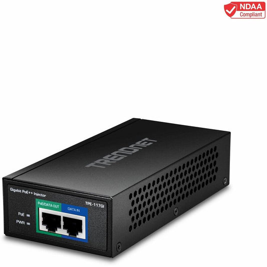 Injecteur TRENDnet Gigabit Ultra PoE+, fournit PoE (15,4 W), PoE+ (30 W) ou Ultra PoE (60 W), met en réseau un périphérique PoE jusqu'à 100 m (328 pi), prend en charge IEEE 802.3af, 802.at, Ultra PoE, Plug &amp; Play, noir, TPE-117GI TPE-117GI