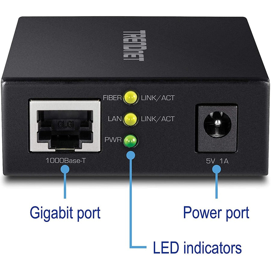 Convertisseur de média fibre 1000BASE-T vers SFP TRENDnet ; Convertisseur de média Gigabit Ethernet vers SFP ; Capacité de commutation 4 Gbit/s ; TFC-GSFP TFC-GSFP