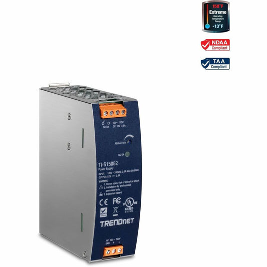 TRENDnet Alimentation industrielle sur rail DIN 150 W, 52 V DC, 2,89 A AC vers DC, fonction de contrôleur de facteur de puissance intégrée, plage de températures de fonctionnement extrême -25 °C à 70 °C (-13 °C à 158 °F), argent, TI-S15052 TI-S15052
