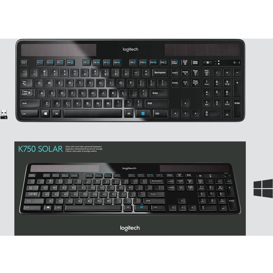 Clavier solaire sans fil Logitech K750 pour Windows, sans fil 2,4 GHz avec récepteur USB Unifying, ultra-mince, compatible avec PC, ordinateur portable 920-002912