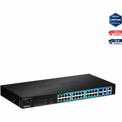 TRENDnet Switch Web Smart PoE+ 28 ports 10/100 Mbps, 20 ports PoE, 4 ports PoE+, 2 ports Gigabit, 2 ports Gigabit partagés (RJ-45 ou SFP), montable en rack, protection à vie, noir, TPE-224WS TPE-224WS