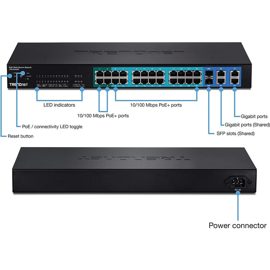 TRENDnet Switch Web Smart PoE+ 28 ports 10/100 Mbps, 20 ports PoE, 4 ports PoE+, 2 ports Gigabit, 2 ports Gigabit partagés (RJ-45 ou SFP), montable en rack, protection à vie, noir, TPE-224WS TPE-224WS