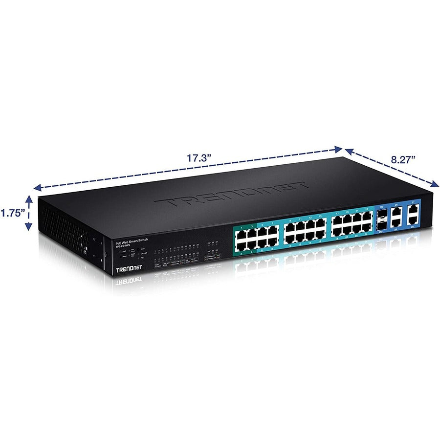 TRENDnet Switch Web Smart PoE+ 28 ports 10/100 Mbps, 20 ports PoE, 4 ports PoE+, 2 ports Gigabit, 2 ports Gigabit partagés (RJ-45 ou SFP), montable en rack, protection à vie, noir, TPE-224WS TPE-224WS