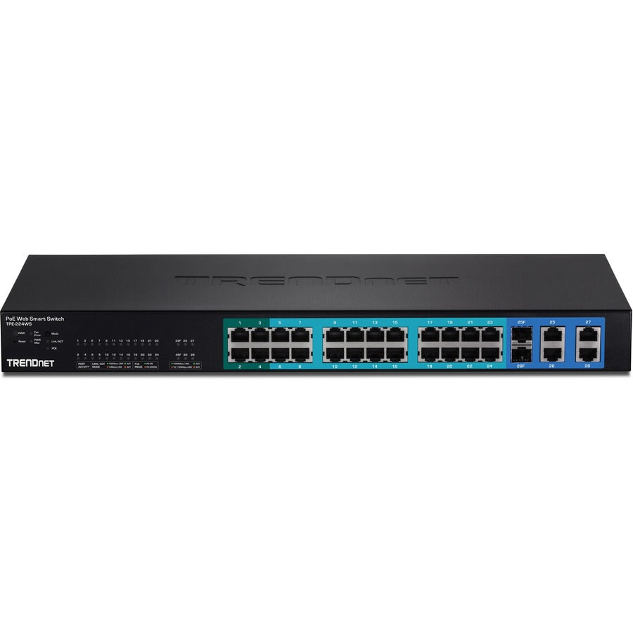 TRENDnet Switch Web Smart PoE+ 28 ports 10/100 Mbps, 20 ports PoE, 4 ports PoE+, 2 ports Gigabit, 2 ports Gigabit partagés (RJ-45 ou SFP), montable en rack, protection à vie, noir, TPE-224WS TPE-224WS