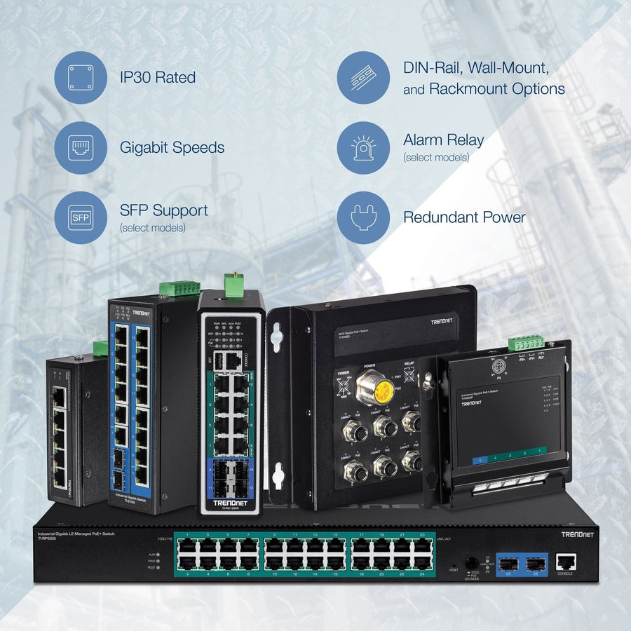 Commutateur industriel renforcé à 6 ports sur rail DIN Gigabit TRENDnet, capacité de commutation de 12 Gbit/s, boîtier métallique IP30 (-40 à 167 °F), supports de montage sur rail DIN et muraux inclus, protection à vie, noir, TI-G62 TI-G62