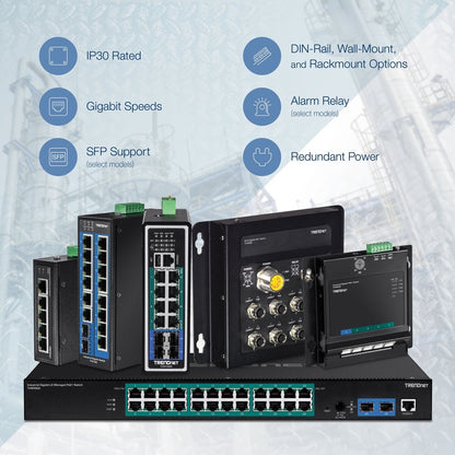 Commutateur industriel renforcé à 6 ports sur rail DIN Gigabit TRENDnet, capacité de commutation de 12 Gbit/s, boîtier métallique IP30 (-40 à 167 °F), supports de montage sur rail DIN et muraux inclus, protection à vie, noir, TI-G62 TI-G62