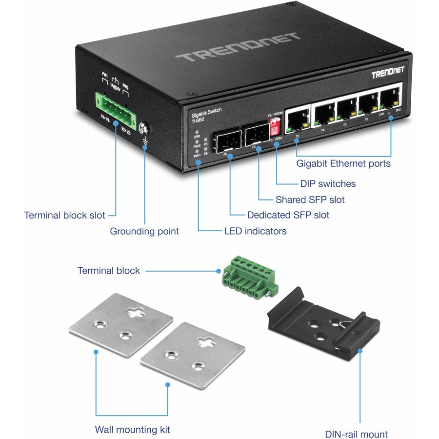 Commutateur industriel renforcé à 6 ports sur rail DIN Gigabit TRENDnet, capacité de commutation de 12 Gbit/s, boîtier métallique IP30 (-40 à 167 °F), supports de montage sur rail DIN et muraux inclus, protection à vie, noir, TI-G62 TI-G62