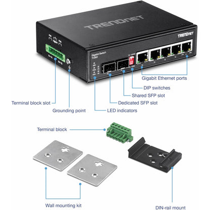 Commutateur industriel renforcé à 6 ports sur rail DIN Gigabit TRENDnet, capacité de commutation de 12 Gbit/s, boîtier métallique IP30 (-40 à 167 °F), supports de montage sur rail DIN et muraux inclus, protection à vie, noir, TI-G62 TI-G62