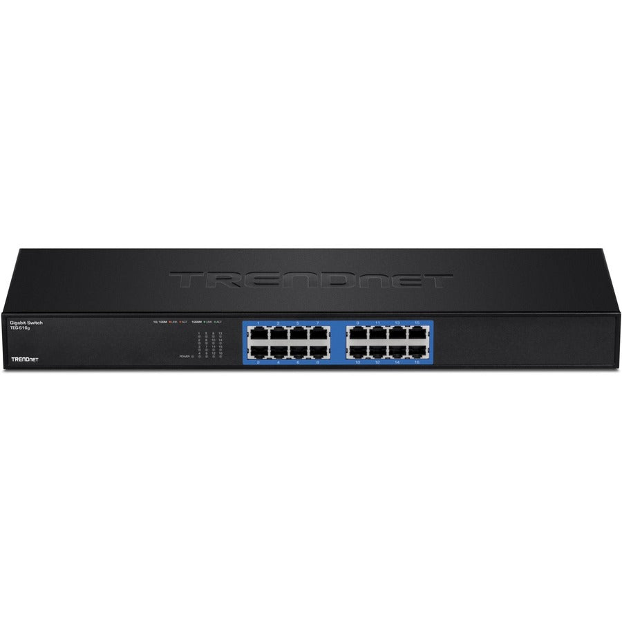 TRENDnet Switch Gigabit GREENnet non géré à 16 ports, 16 ports RJ-45, capacité de commutation de 32 Gbit/s, sans ventilateur, montable en rack, commutateur Ethernet réseau, protection à vie, noir, TEG-S16G TEG-S16g