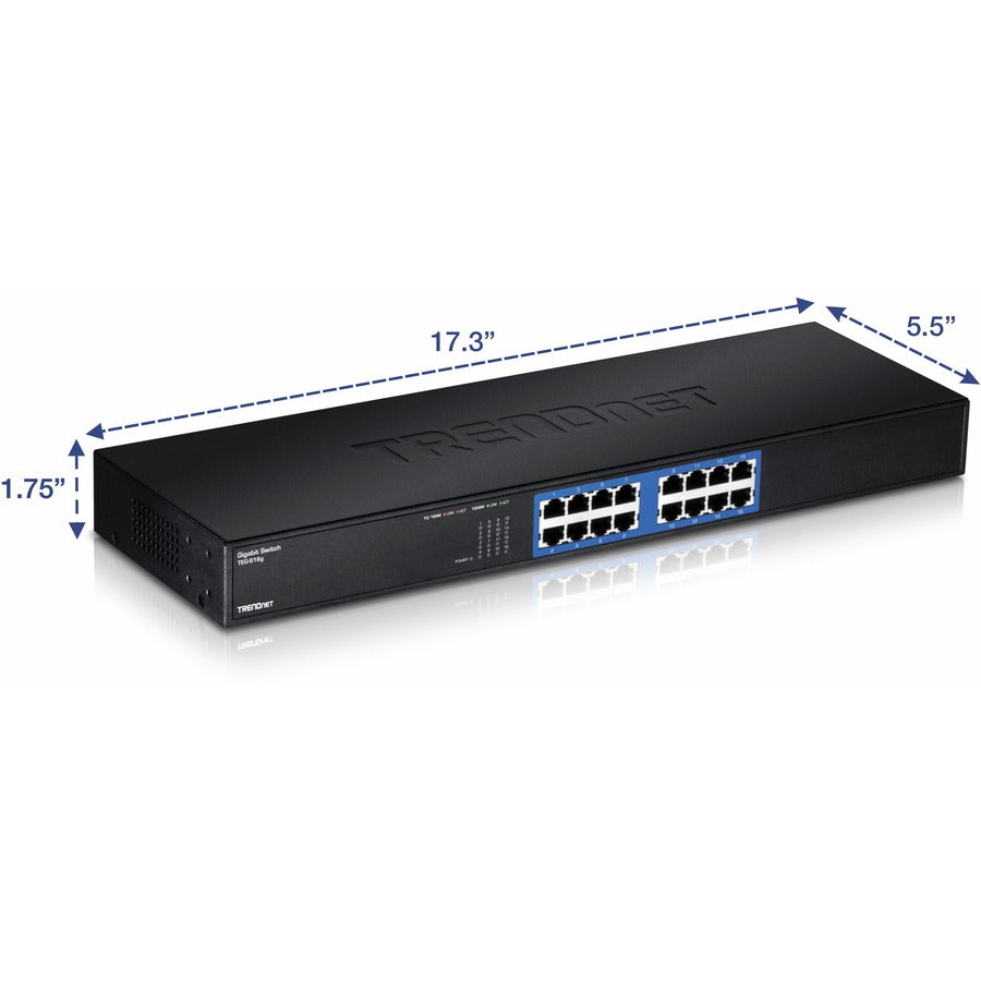 TRENDnet Switch Gigabit GREENnet non géré à 16 ports, 16 ports RJ-45, capacité de commutation de 32 Gbit/s, sans ventilateur, montable en rack, commutateur Ethernet réseau, protection à vie, noir, TEG-S16G TEG-S16g