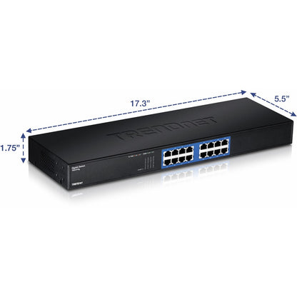 TRENDnet Switch Gigabit GREENnet non géré à 16 ports, 16 ports RJ-45, capacité de commutation de 32 Gbit/s, sans ventilateur, montable en rack, commutateur Ethernet réseau, protection à vie, noir, TEG-S16G TEG-S16g
