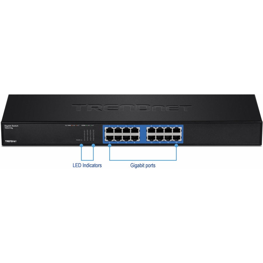 TRENDnet Switch Gigabit GREENnet non géré à 16 ports, 16 ports RJ-45, capacité de commutation de 32 Gbit/s, sans ventilateur, montable en rack, commutateur Ethernet réseau, protection à vie, noir, TEG-S16G TEG-S16g