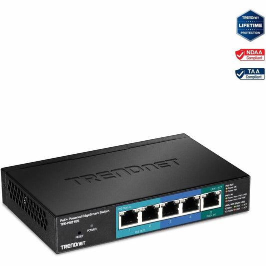 TRENDnet Switch EdgeSmart 5 ports Gigabit PoE+ avec pass through PoE, budget PoE 18 W, capacité de commutation 10 Gbit/s, switch administrable, montage mural, protection à vie, noir, TPE-P521ES TPE-P521ES